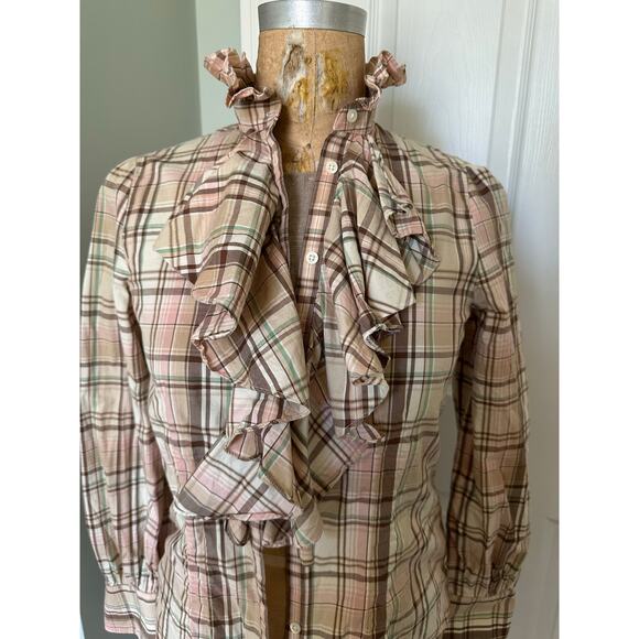 Lauren ralph lauren plaid ruffle front button down shirt peach cream S Petite - Picture 1 of 11